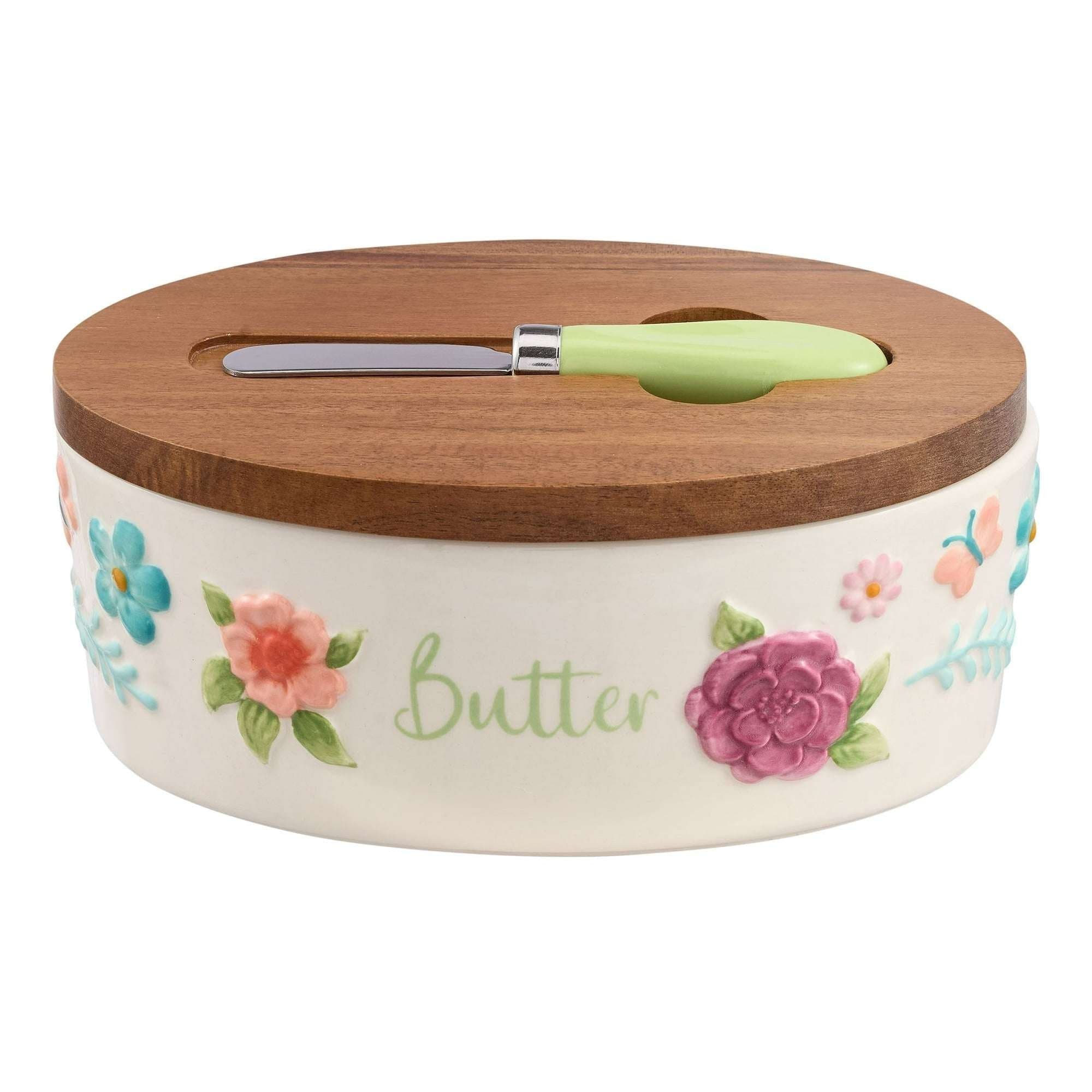 The Pioneer Woman Ceramic Painted Meadow Butter Dish with Acacia Wood Lid and Serving Knife
