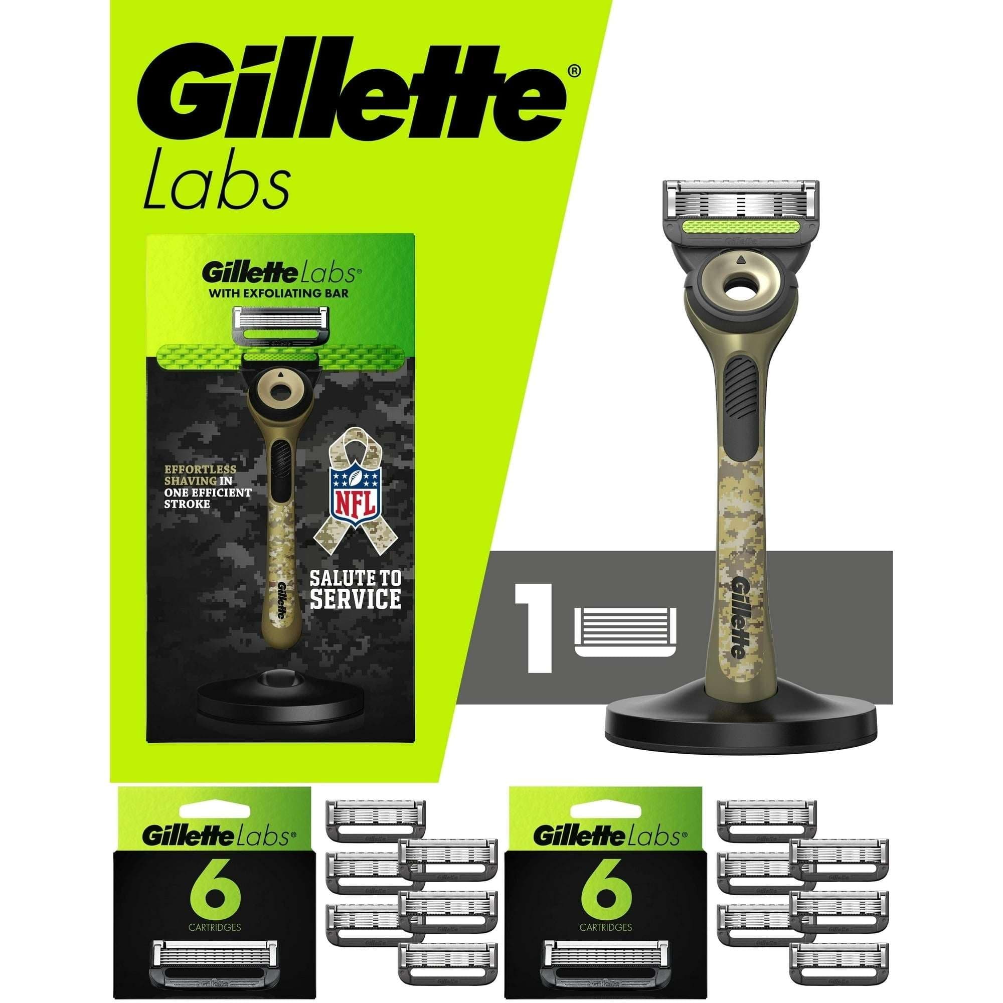 Gillette Labs Salute to Service 5-Blade Manual Razor Bundle with 12 Blade Cartridge Refills, Green Camo (Walmart Exclusive)