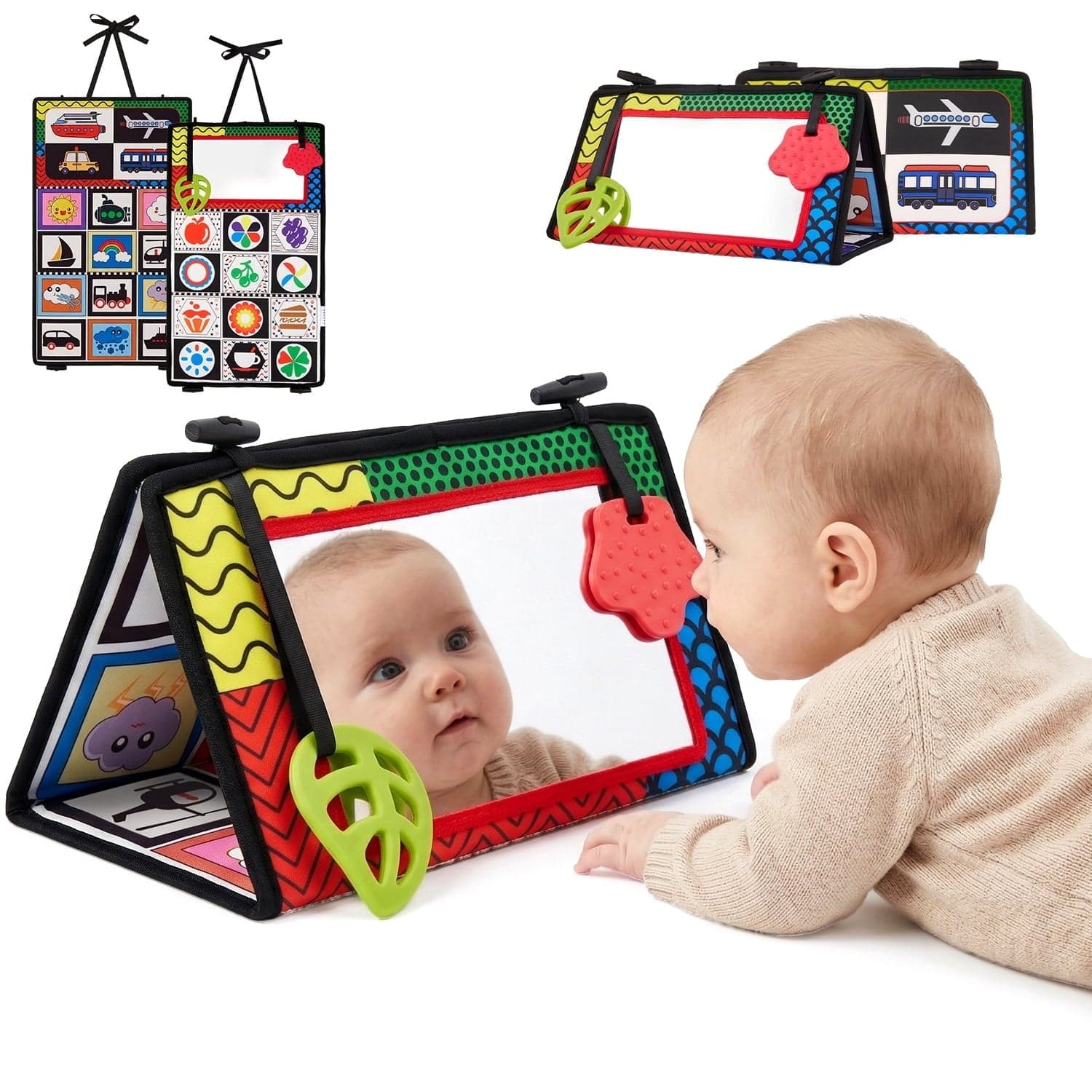 Baby Tummy Time Mirror Toys, Infant Toys Newborn Toys 0-6 Months, Black and White High Contrast Toys with Teethers for Babies 0-9 Months