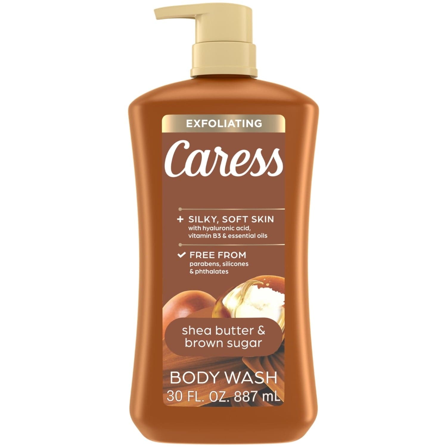 Caress Shea Butter & Brown Sugar Body Wash, Exfoliating & Moisturizing, Hyaluronic Acid, 30 oz