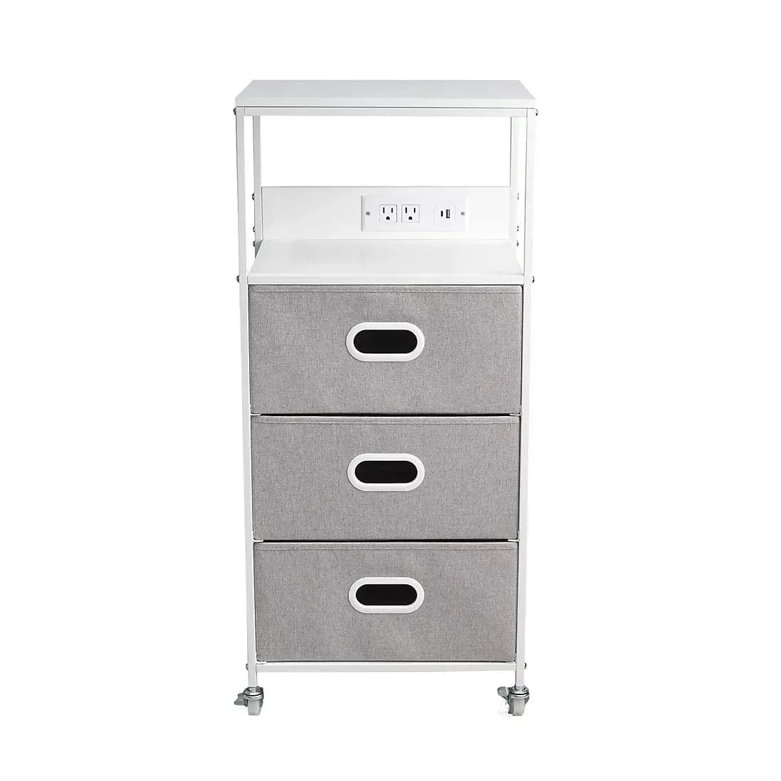 3-Drawer Rolling Cart with USB Power, Two Top Shelves, Built-in Charging Ports