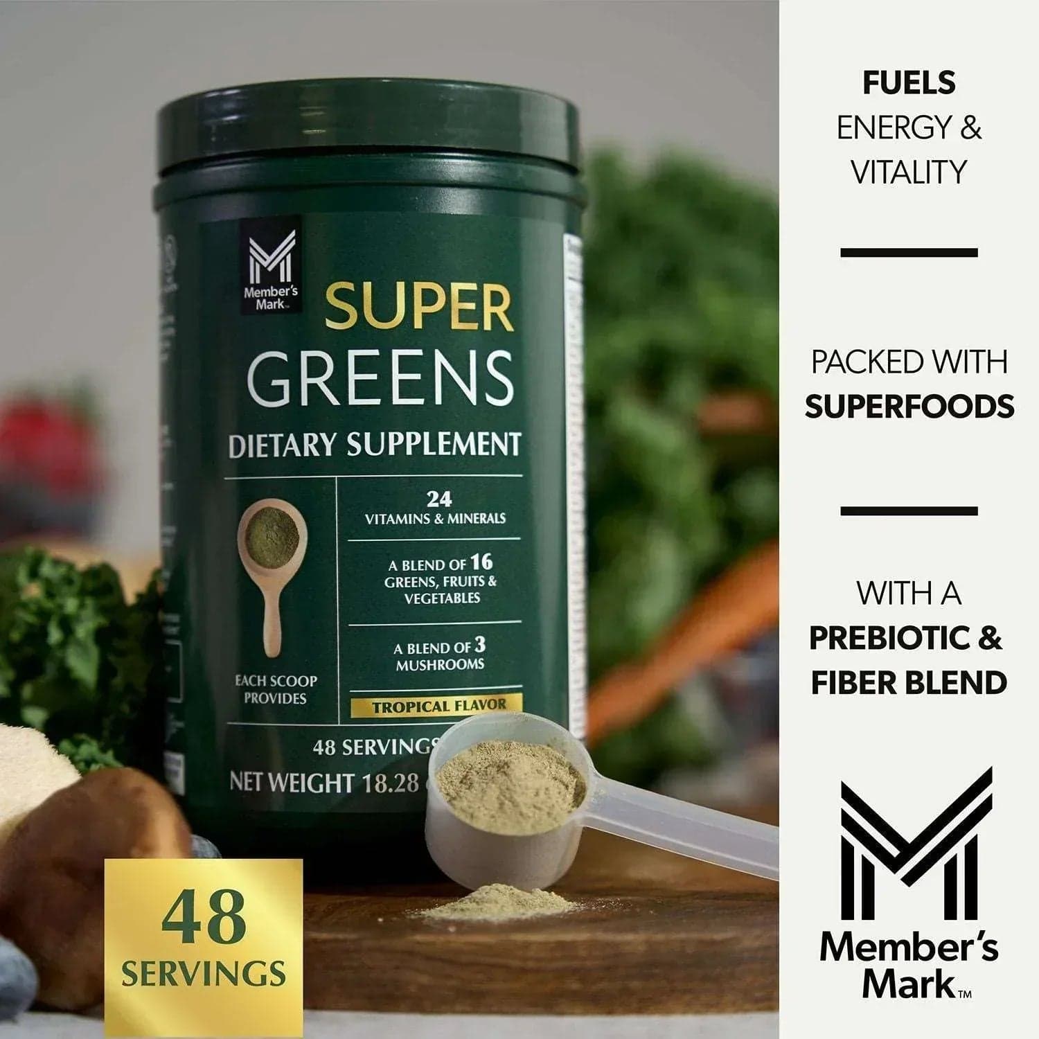 Member's Mark Super Greens Powder, Tropical Flavor, 18.28 oz, 48 Servings