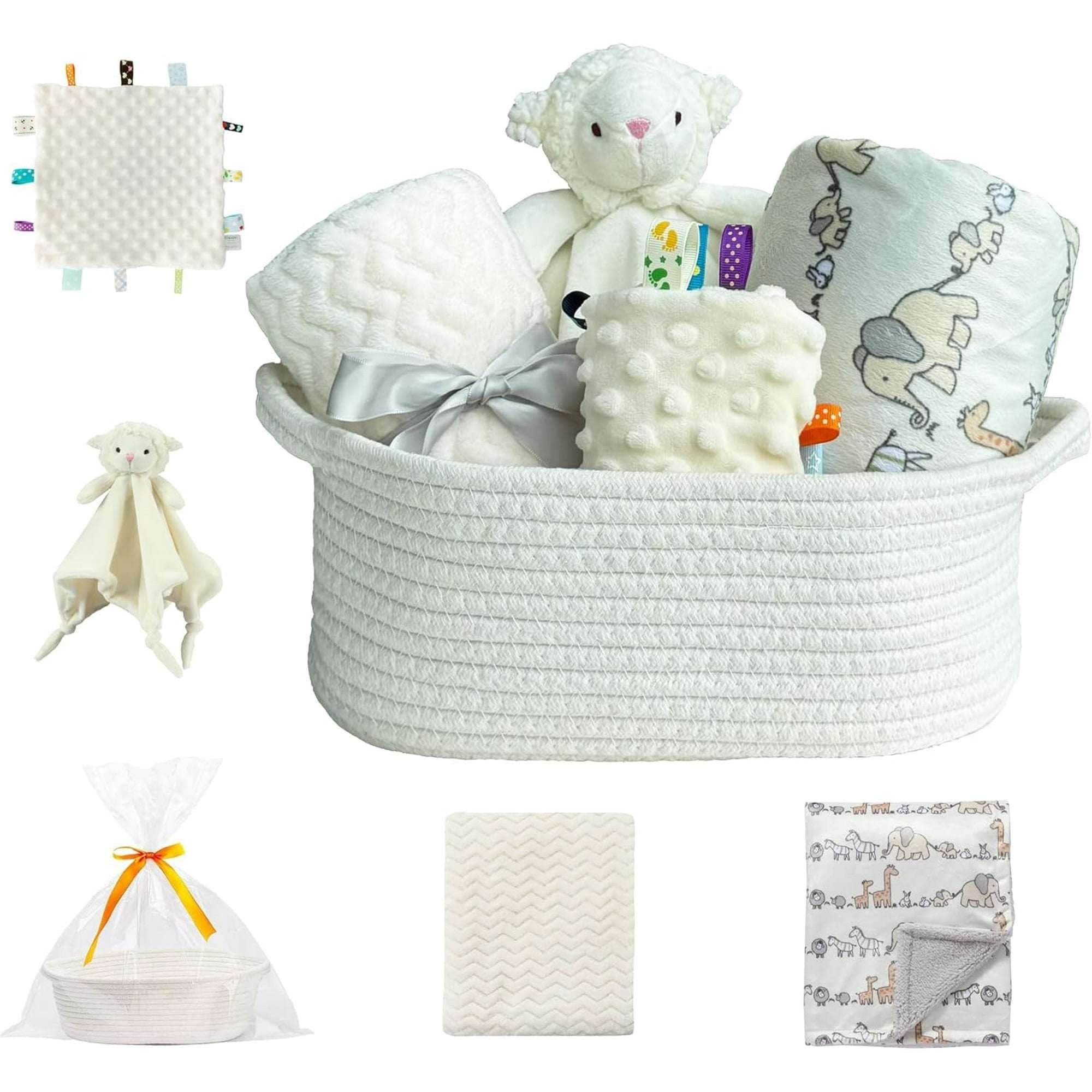 CREVENT Baby Gift Set Storage Basket with 2 Baby Blanket, 1 Security Blanket, 1 Taggie, 1 Gift Bag with Ribbon, Blue, Unisex, 5 Items