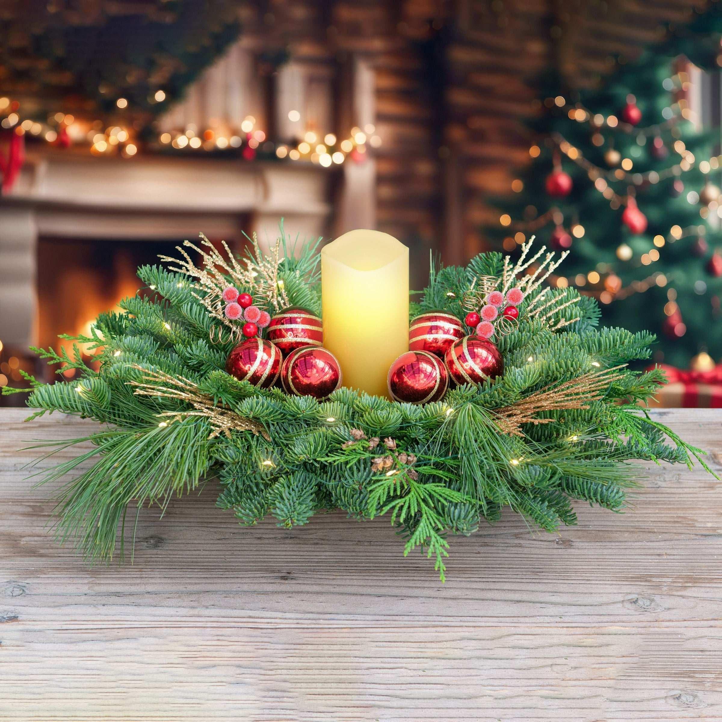Lighted Fresh Cut Greens Sugarberry Centerpiece