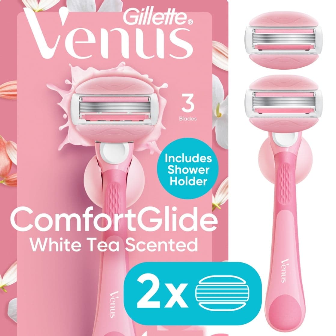 Venus ComfortGlide White Tea Manual Razor for Women, Handle, 3 Blades & 2 Refills, Pink