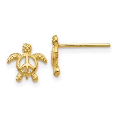 Black Bow Jewelry Kids 8mm Open Peace Sign Turtle Post Earrings in 14k Yellow Gold
