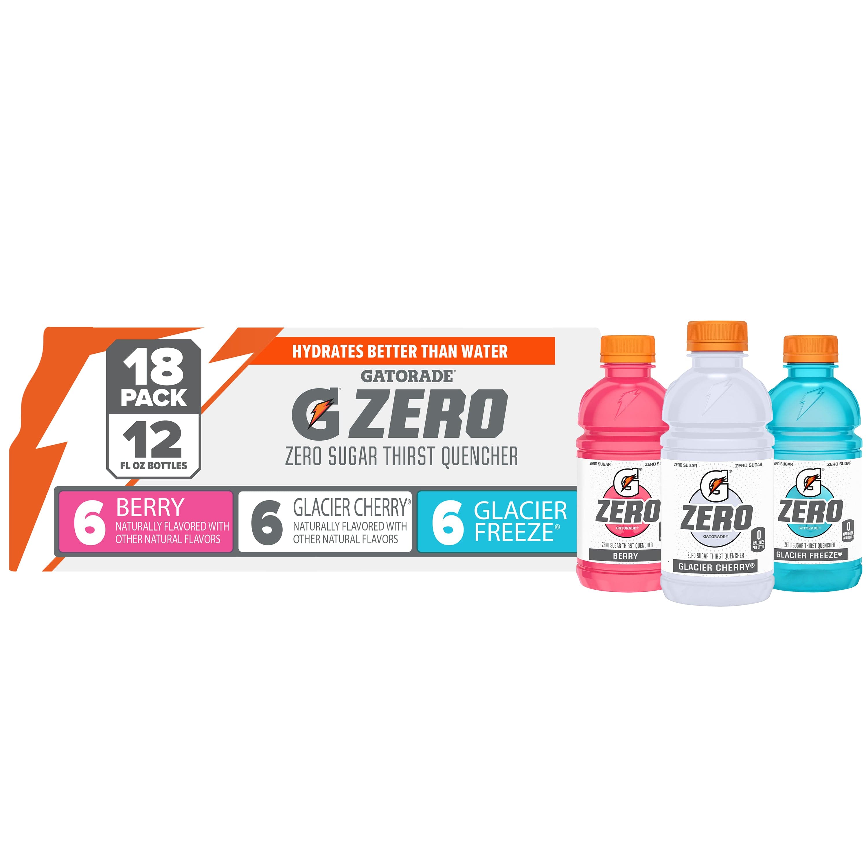 Gatorade Zero Sports Drinks, Berry, Glacier Cherry and Glacier Freeze Variety Pack, 12 fl oz, 18 Count