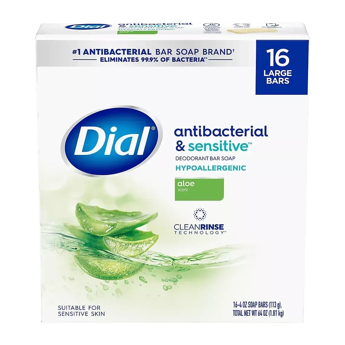 Dial Antibacterial Bar Soap, Aloe, 4 oz, 16-pack