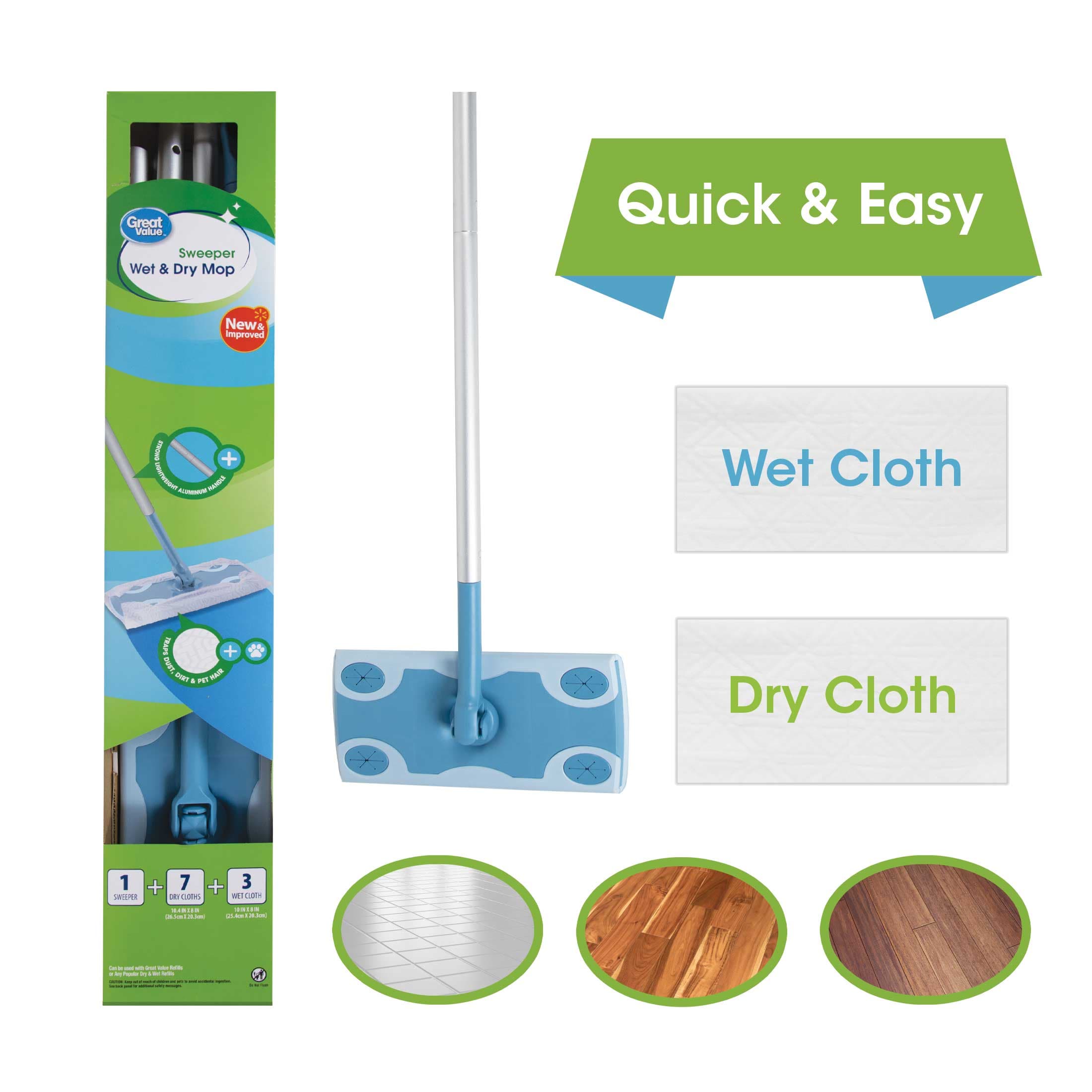 Great Value Wet & Dry Mop Sweeper Kit (1 Mop Kit, 10 Pad Refills)