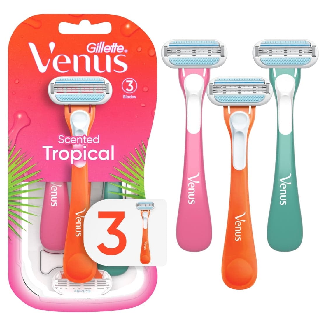 Venus Tropical Women's 3 Blade Disposable Razor, 3 count, Multi-Color