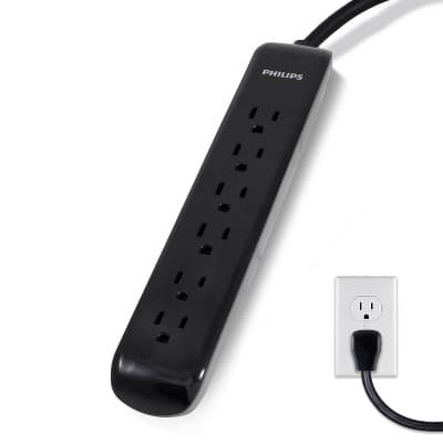 Philips Surge Protector Power Strip, 4ft Extension Cord, 6 Outlet Extender, 720 Joules, Flat Plug, Black