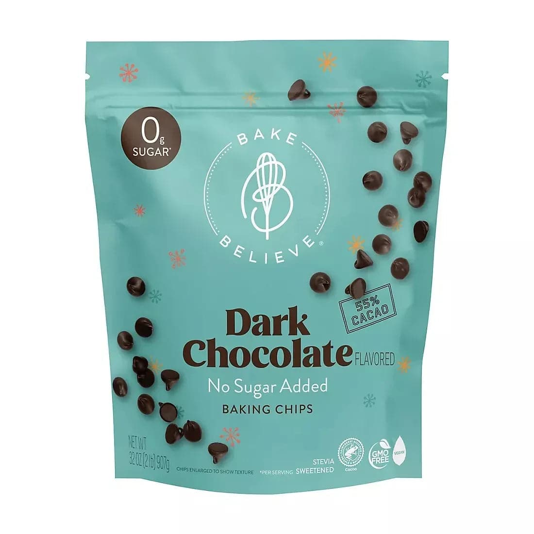 Bake Believe Dark Chocolate Flavored No Sugar Added Baking Chips, Resealable Bag, 32 oz.