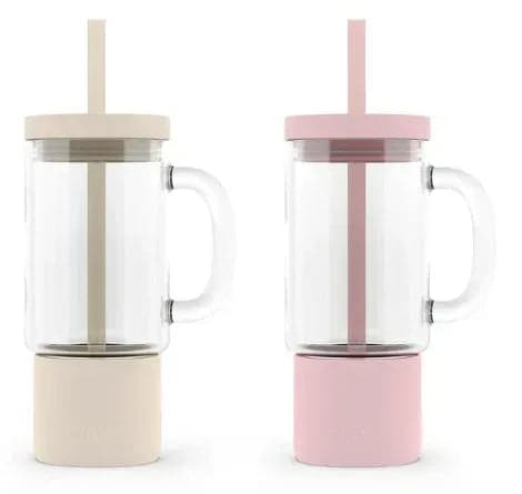 Ello Nova 2-Pack Glass Tumbler with Straw, Cream & Pink, 18 oz