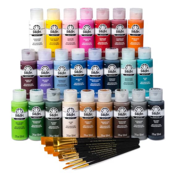FolkArt Let's Paint Live Acrylic Craft Paint and Paintbrush Set, 2 fl oz, 34 Pieces