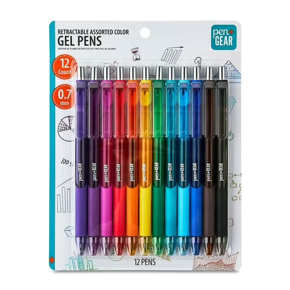Pen+Gear Medium Point 0.7mm Retractable Gel Pens, Assorted Ink, 12 Count