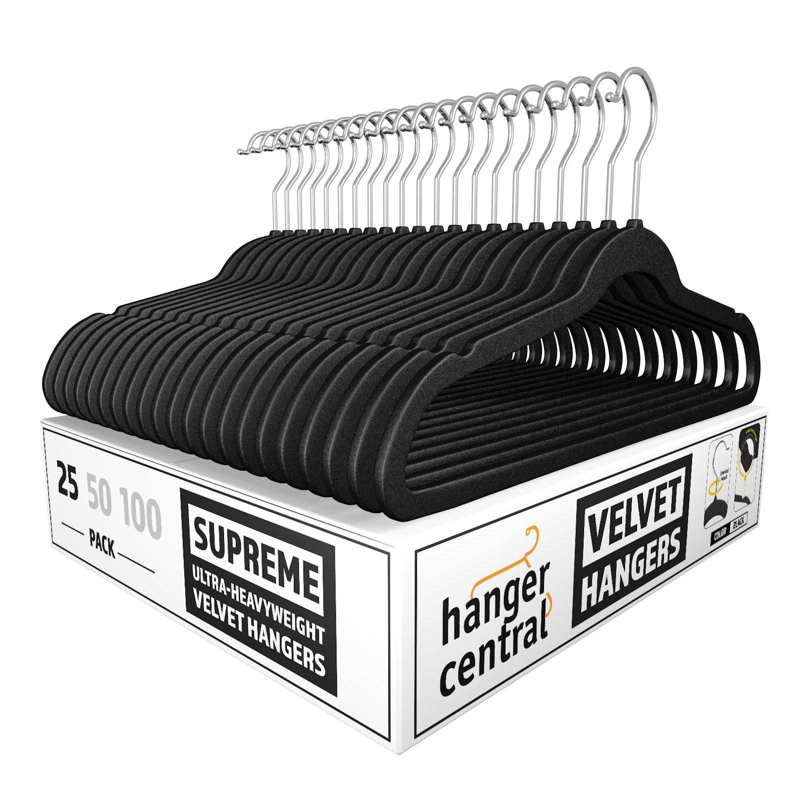 Hanger Central 25 Pack 17 Inch Black Velvet Clothes Hangers with Swivel Hook
