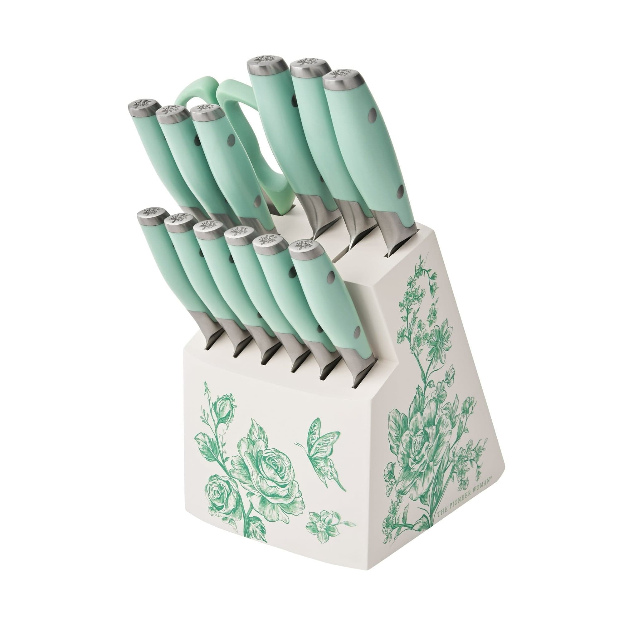 The Pioneer Woman 14-Piece Knife Set with Decal Block Stainless Steel Knives, Forged, Green Agatha