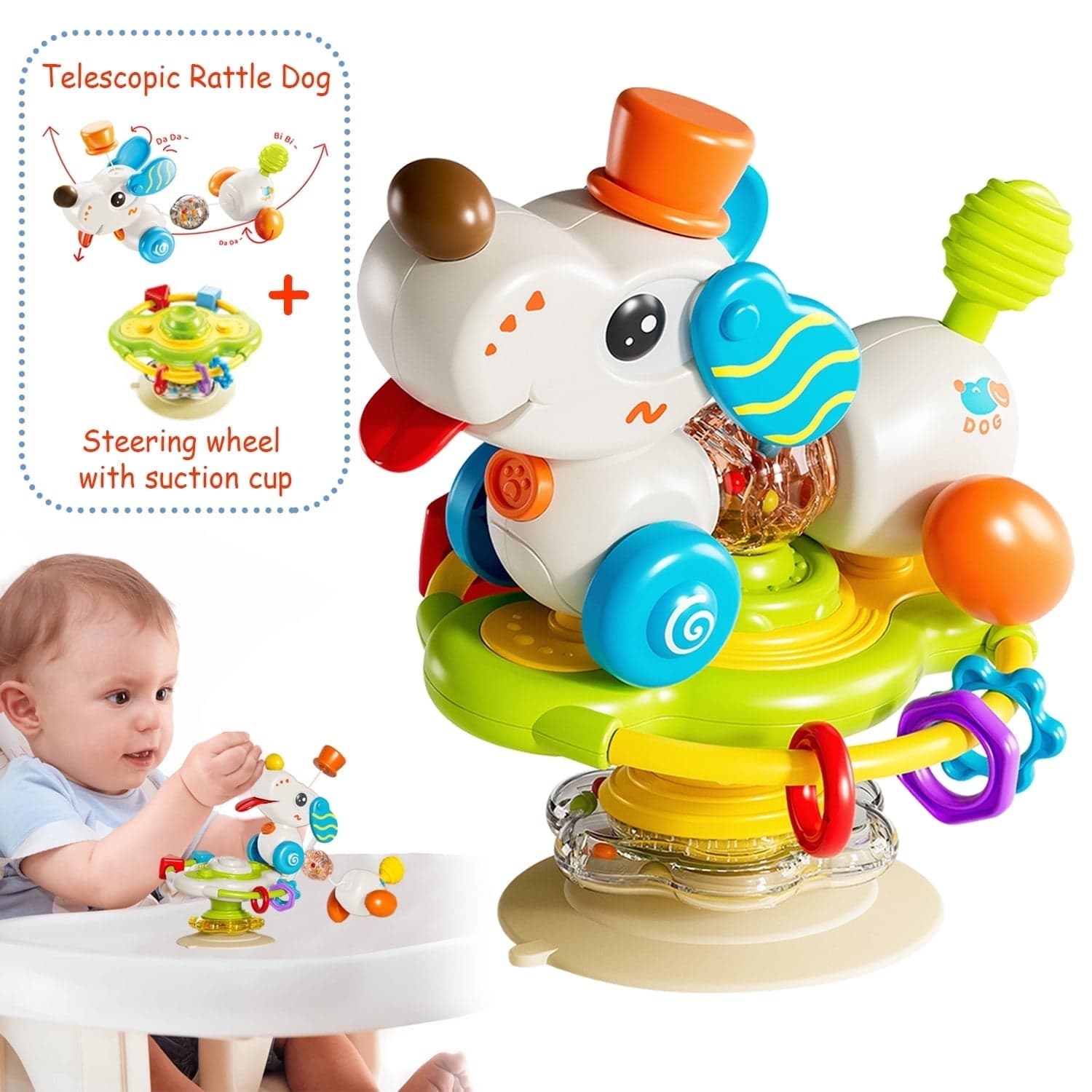 Sytle-Carry 2-in-1 Suction Cup High Chair Toy, Rattle and Teething Toy for Infants 6-12 Months, Puppy