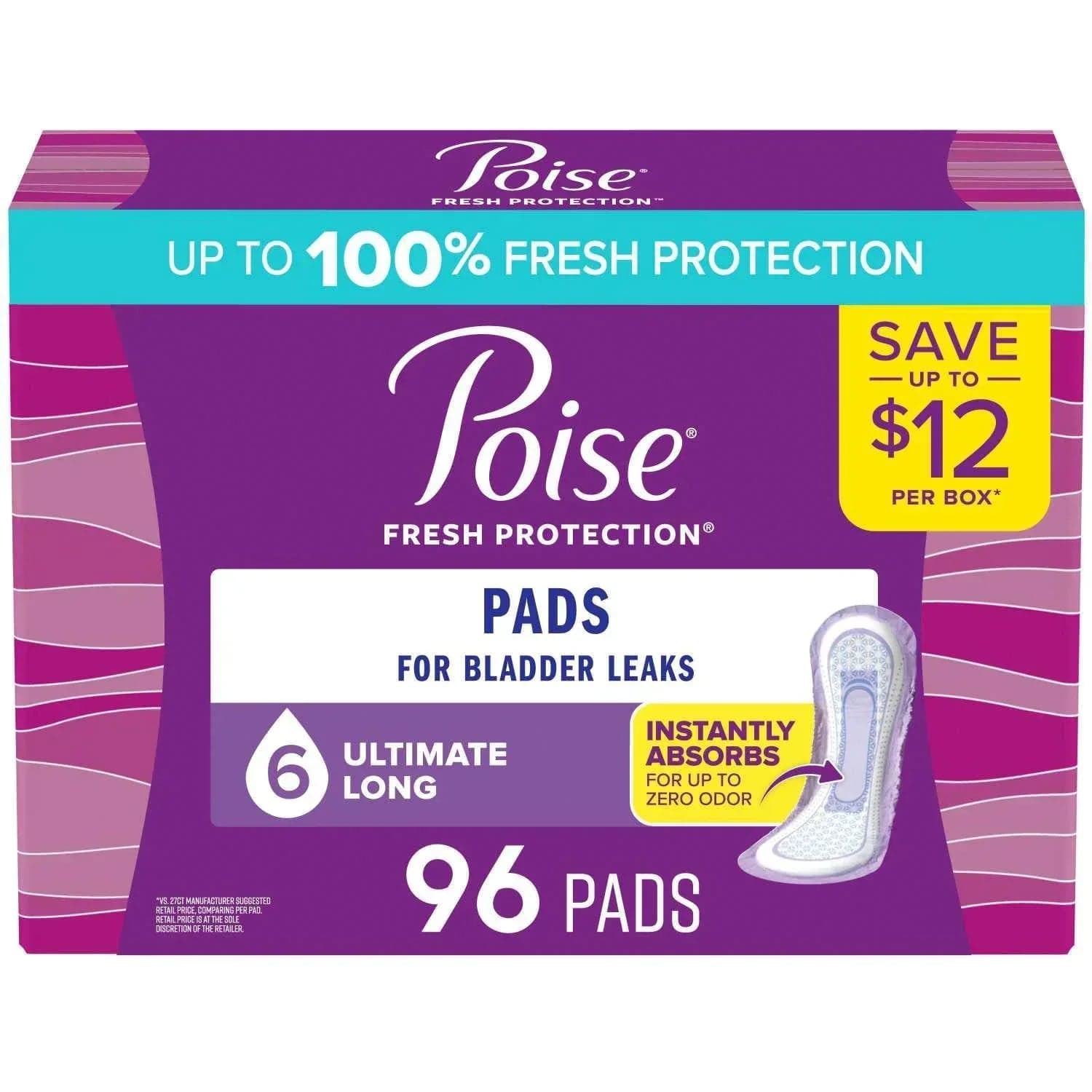 Poise Incontinence Pads, 6 Drop Ultimate Absorbency, 96 ct.