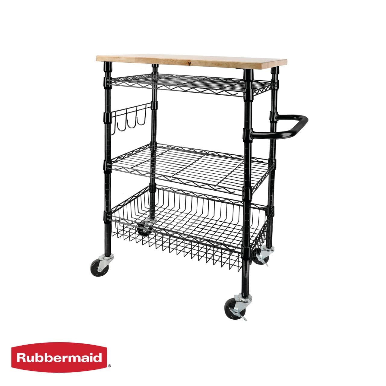 Rubbermaid 3-Tier Heavy Duty Black Rolling Utility Cart with Solid Wood Top, 300 lb Capacity