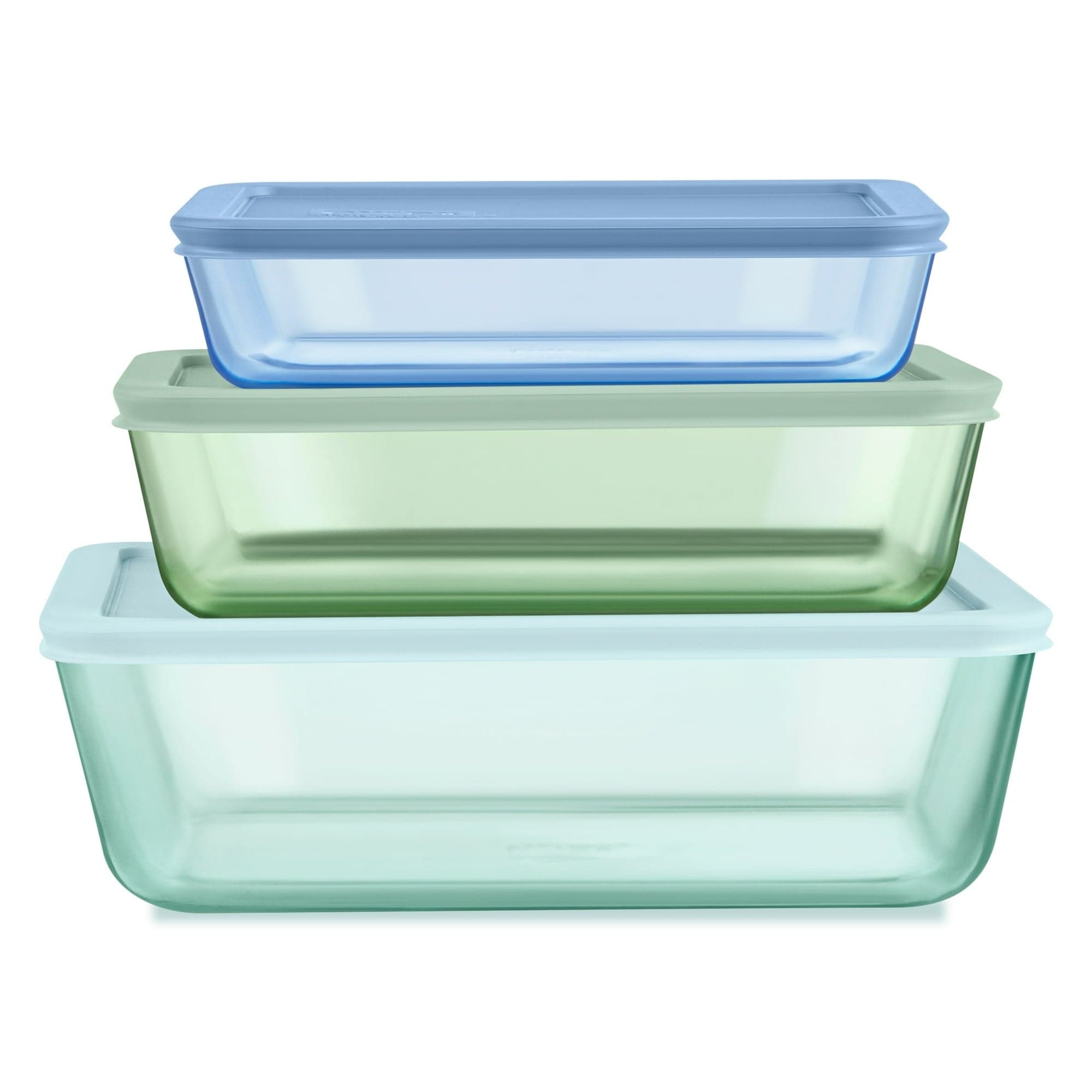Pyrex Simply Store Tinted 6-Piece Rectangle Storage Set with Plastic Lids, Green/Blue/Aqua