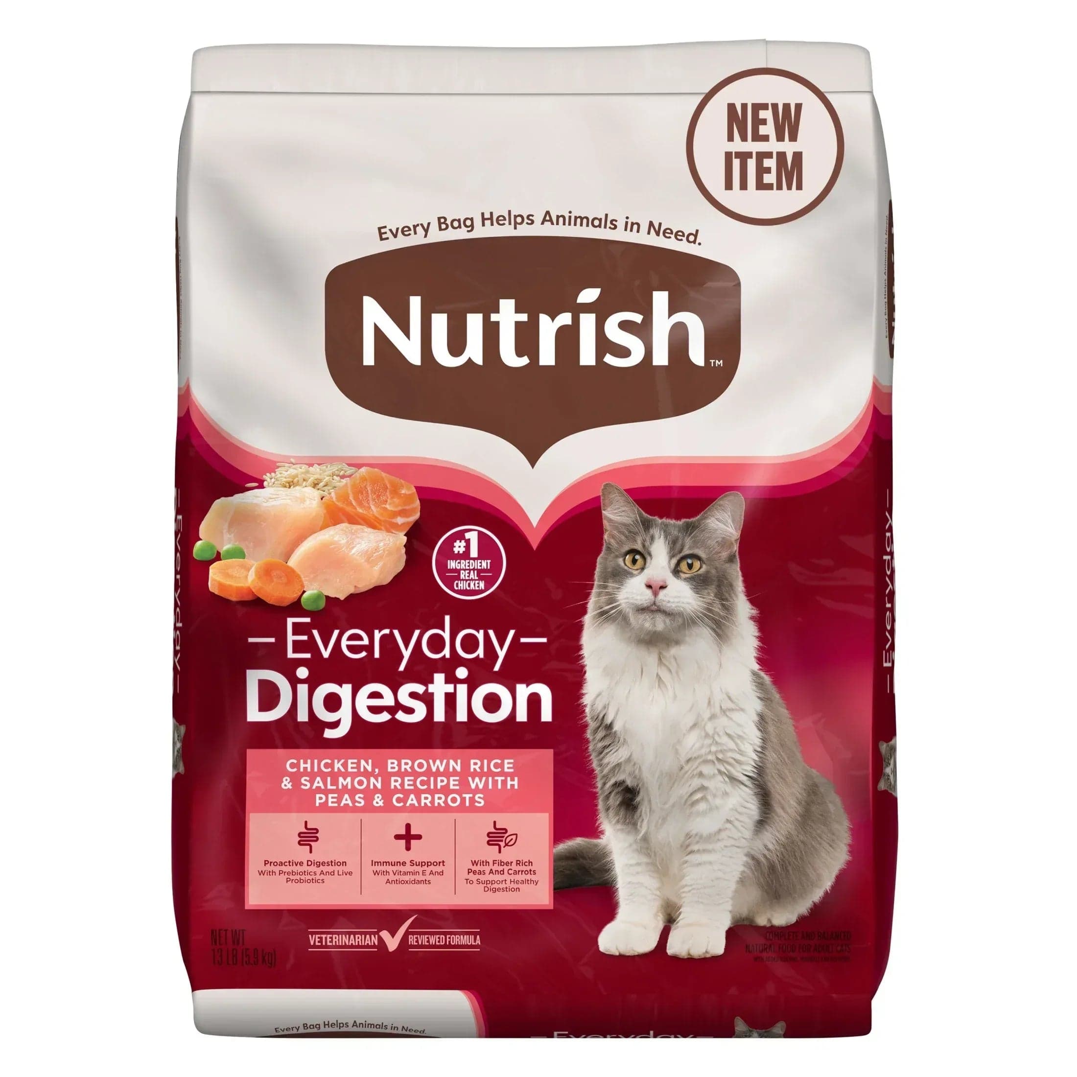 Nutrish Everyday Digestion Chicken, Brown Rice and Salmon Recipe with Veggies Dry Cat Food, 13 lb Bag