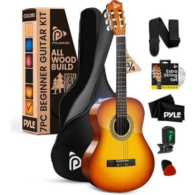 Pyle Classical Style 3/4 Scale Guitar Kit (PGACLS82BB) - 36'' Acoustic, Sunburst Finish, Starter Kit
