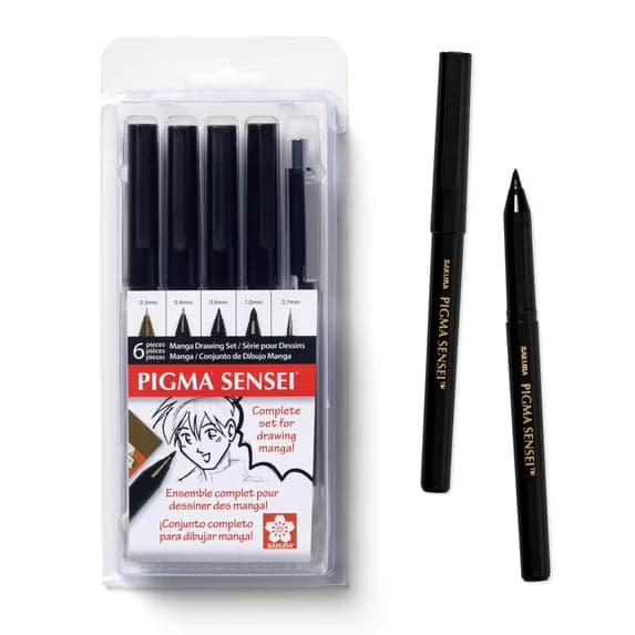 Sakura Pigma Sensei Manga Drawing Kit, Archival Black Ink Pens with Pencil & Eraser, Assorted Nib Sizes, 6 Pack