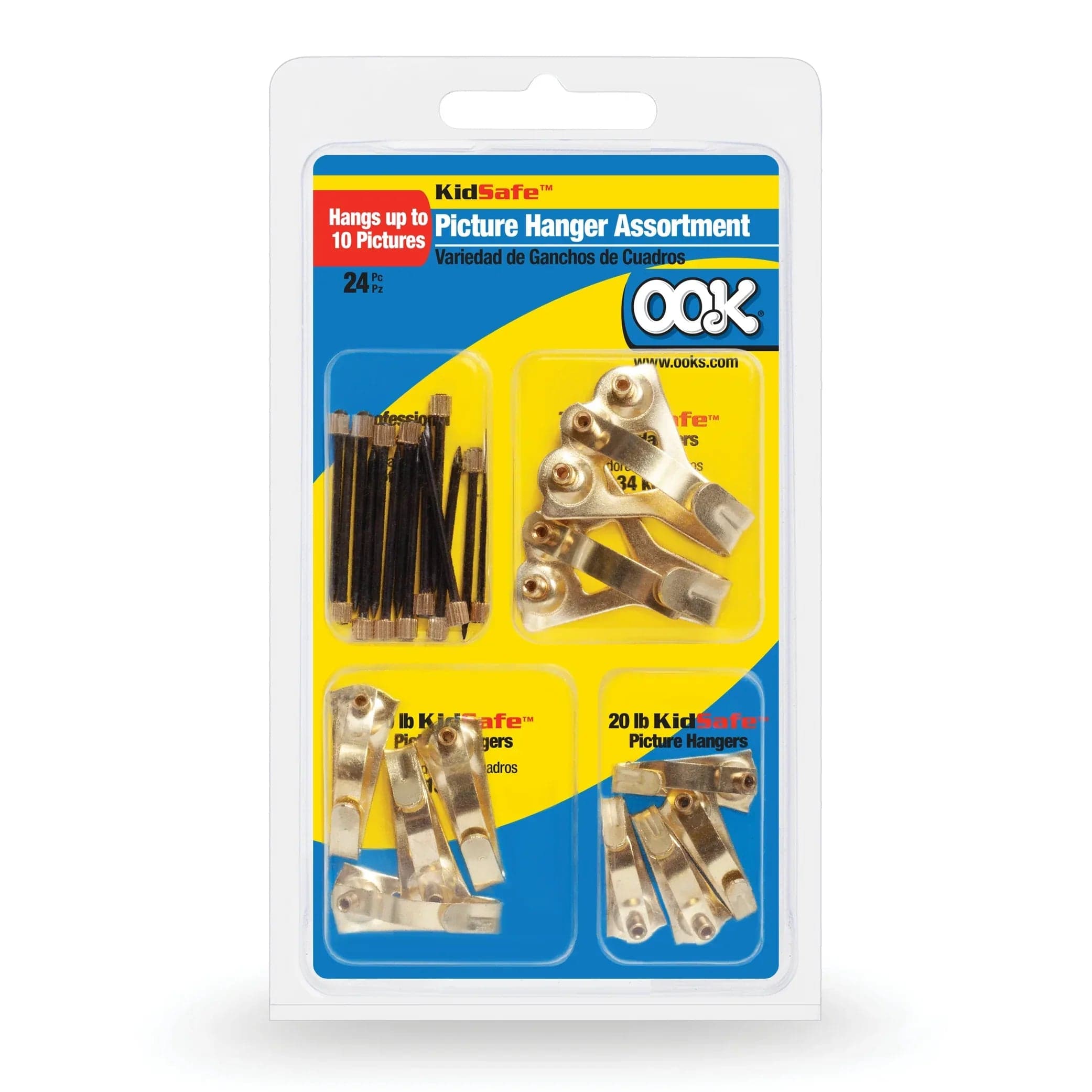 OOK Kids Safe Picture Hanging Kit, ReadyNail, 10-75 lbs, Steel, Brass, Gold, 24 Pack