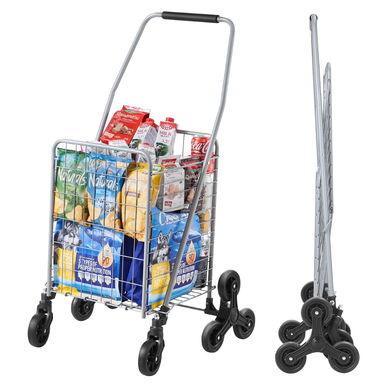 KFFKFF 45L Stair Climbing Grocery Cart with 360° Swivel Wheels, Foldable Lightweight, Silver