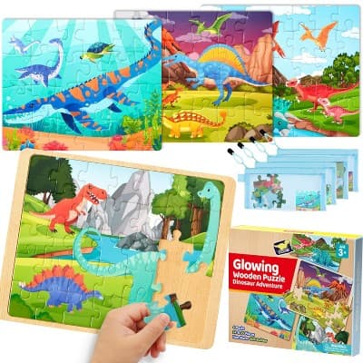 4 in 1 Dinosaur Wooden Puzzles for Toddlers Glow in The Dark Jigsaw Puzzles Educational Preschool Toys Christmas Birthday Gifts for Boys Girls Age 3-5