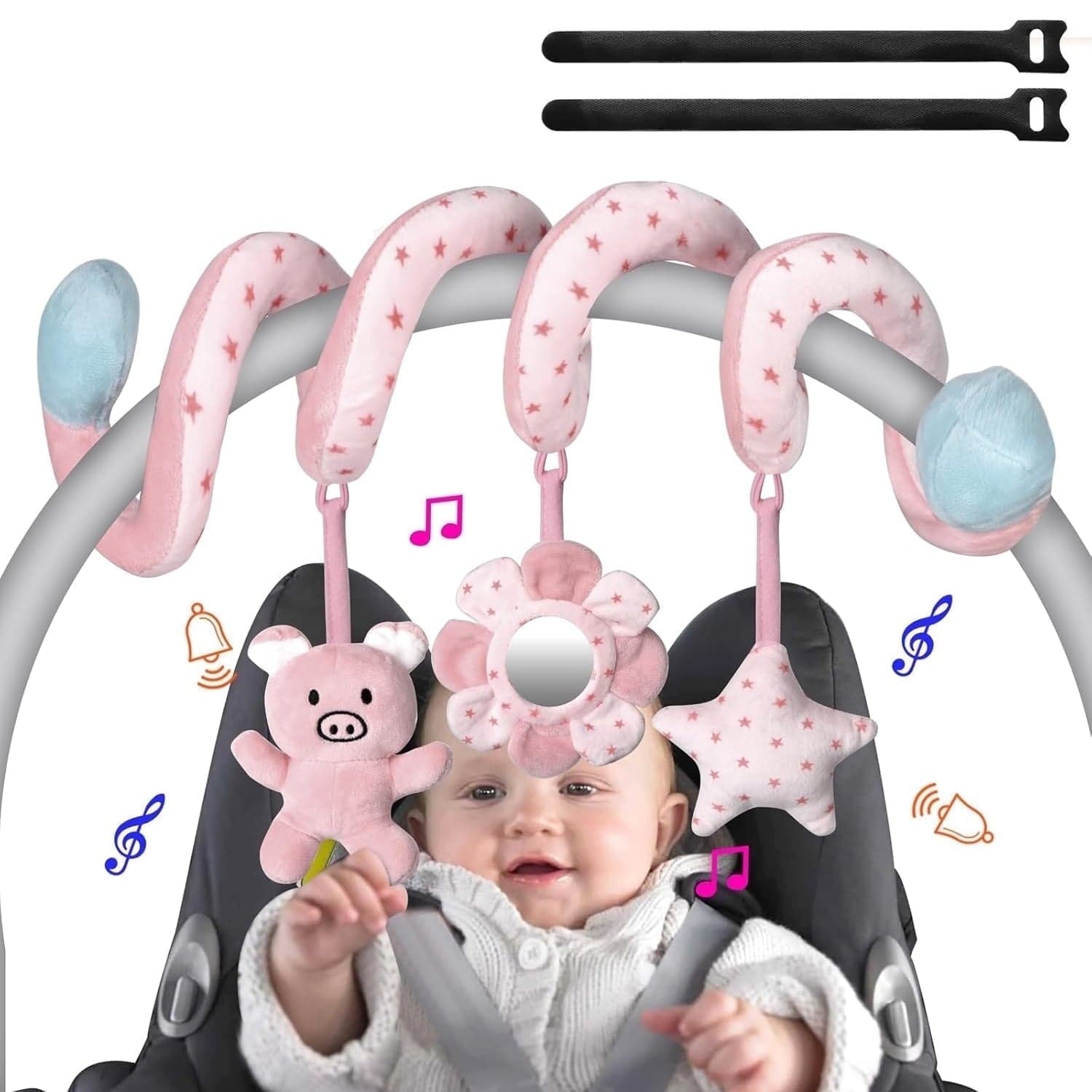 Car Seat Toys for Baby 0-6 Months, Pink Piggy Spiral Plush Toy for Crib and Car Seat with Mirror and Rattles
