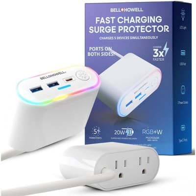 Bell + Howell Fast Charging Power Strip 5 Device 2 AC 3 USB Surge Protector Outlet Extender with LED