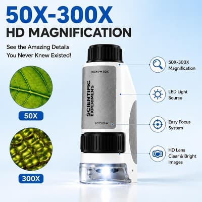 Kids Portable Microscope 50X-300X with LED & UV Light, Handheld Pocket Microscope for STEM Learning, Outdoor Science Toy for Ages 6+