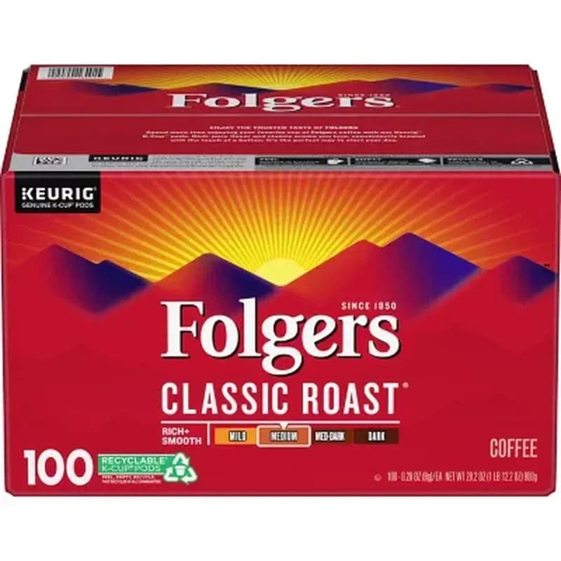Folgers Classic Roast Medium Roast K-Cup Coffee Pods (100 Ct.)