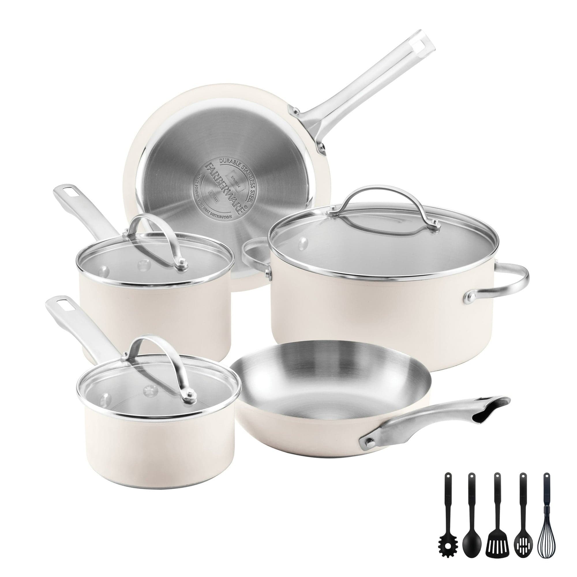 Farberware Luster 14-Piece Stainless Steel Cookware Set with Cooking Tools, Induction Compatible, Dishwasher Safe, Metal Utensil Safe, Oven-Safe to 500F, White