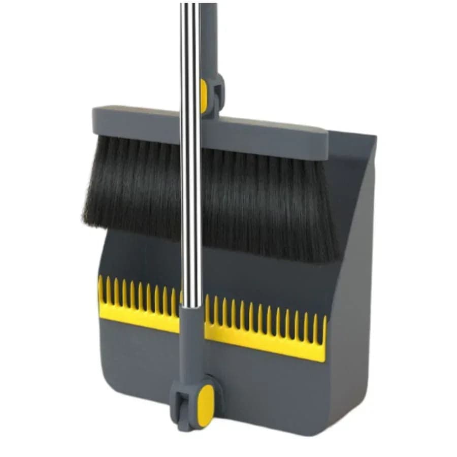 Adjustable Stainless Steel Broom and Dustpan Set, Upright Dust Pan, Angled Broom (Black)