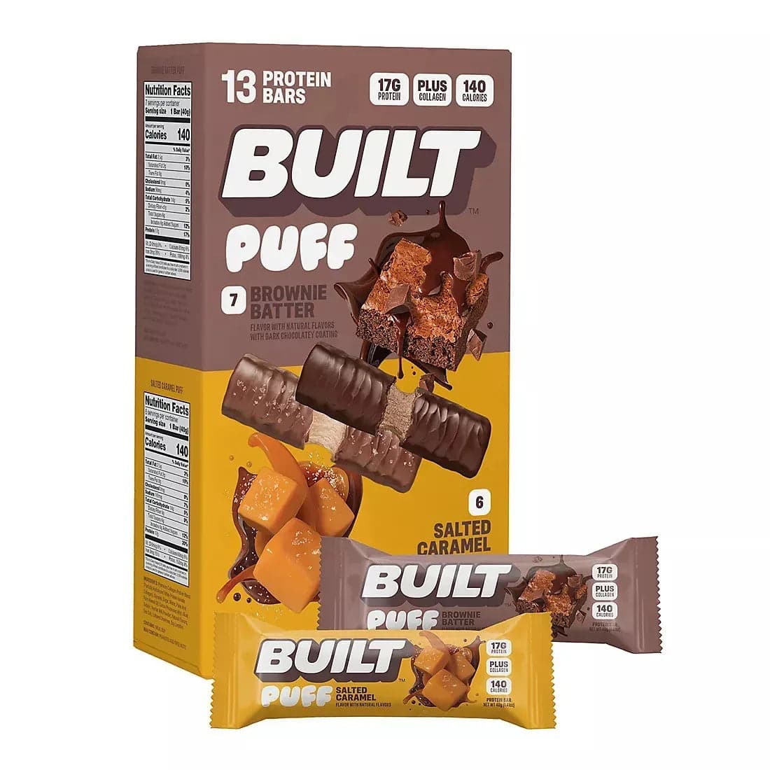 Built Puff, Protein Bar Variety Twin Pack, Brownie Batter & Salted Caramel, Value Pack, 13 ct./1.41 oz.
