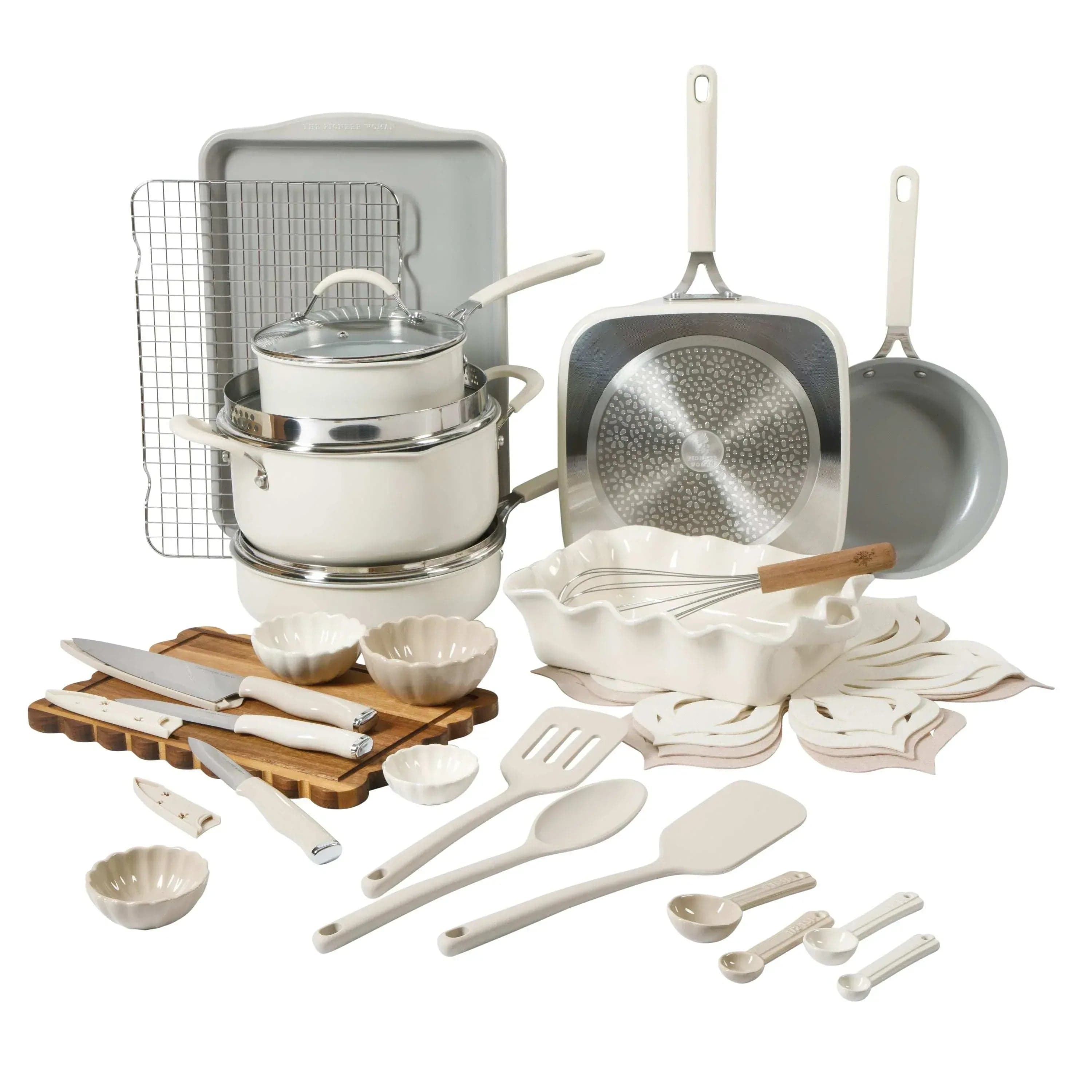 The Pioneer Woman Sutton 34-Piece Ceramic Nonstick Cookware and Bakeware Set, Beige
