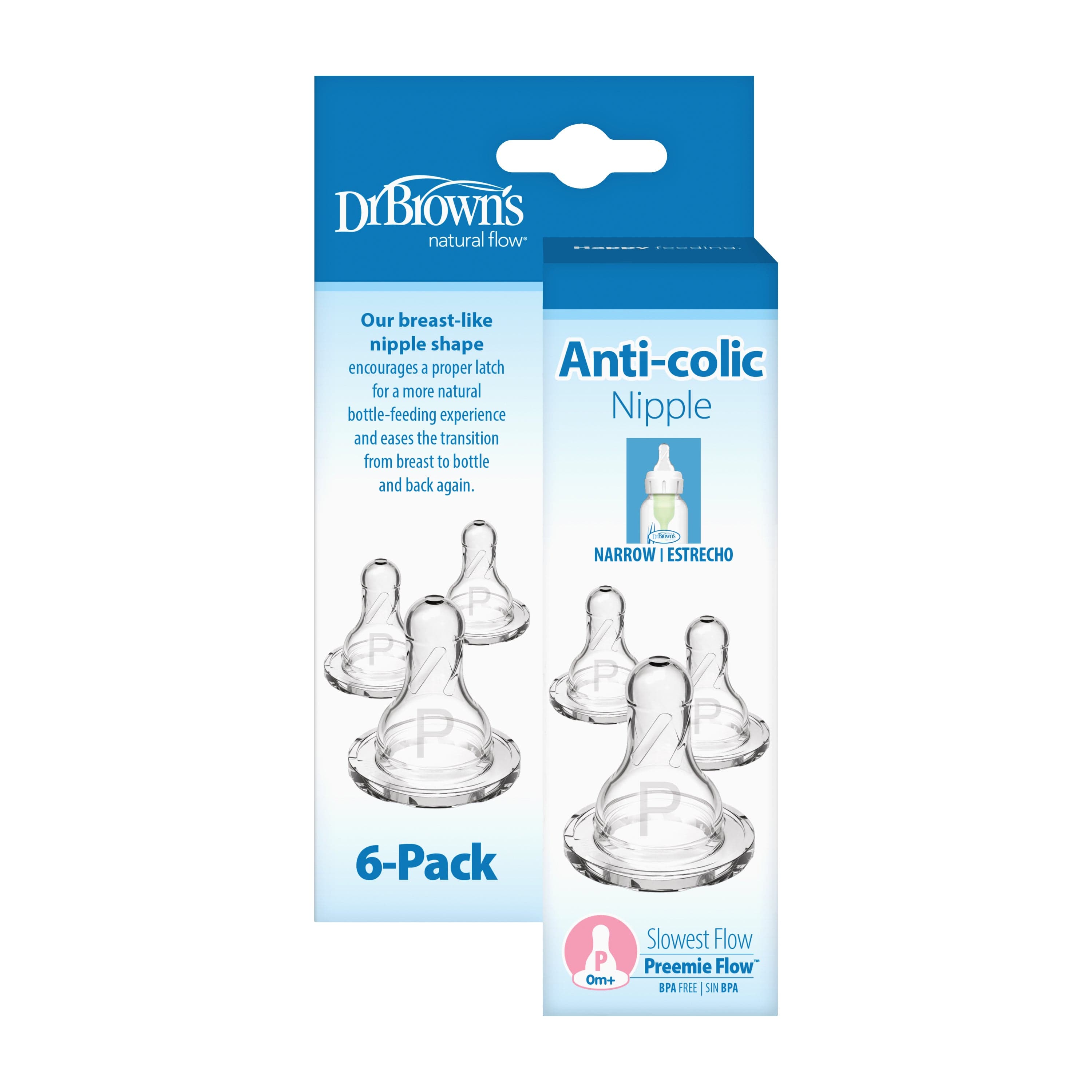Dr. Brown's Natural Flow Preemie Narrow Baby Bottle Nipple, Slowest Flow, 0m+, 100% Silicone, 6-Pack