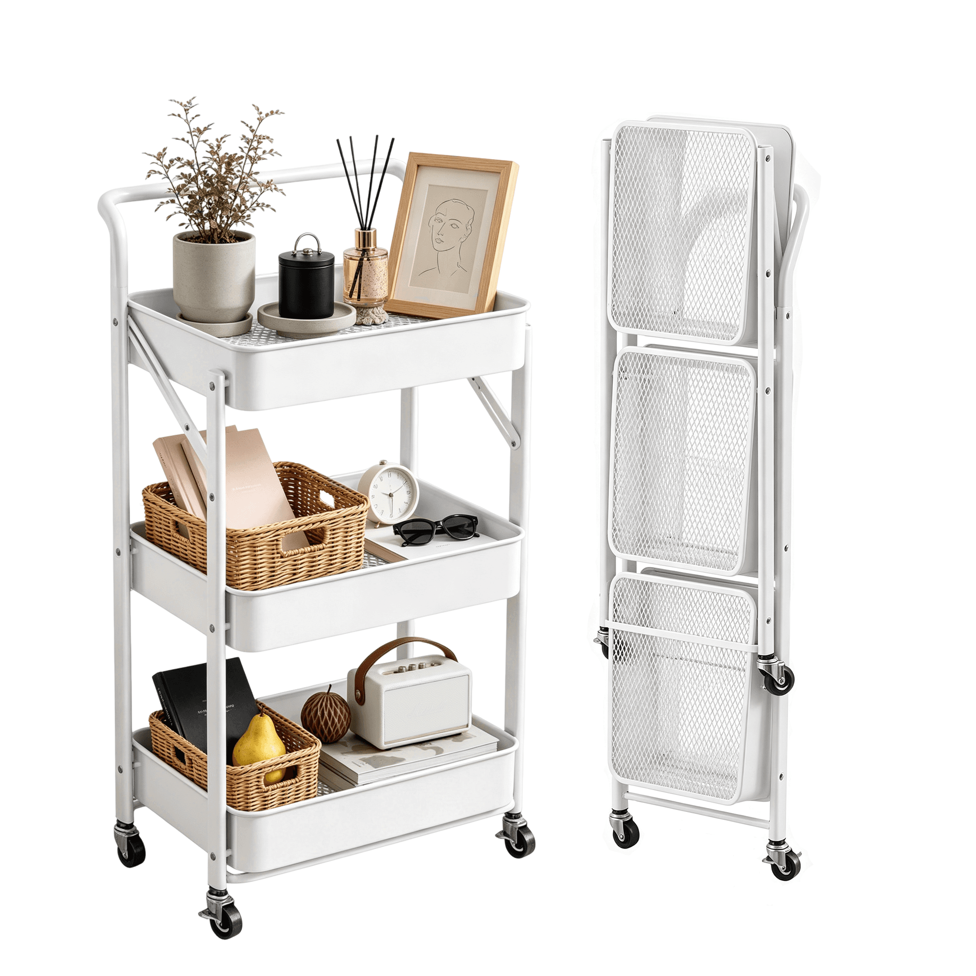 3-Tier Folding Rolling Cart with Lockable Wheels and Handle