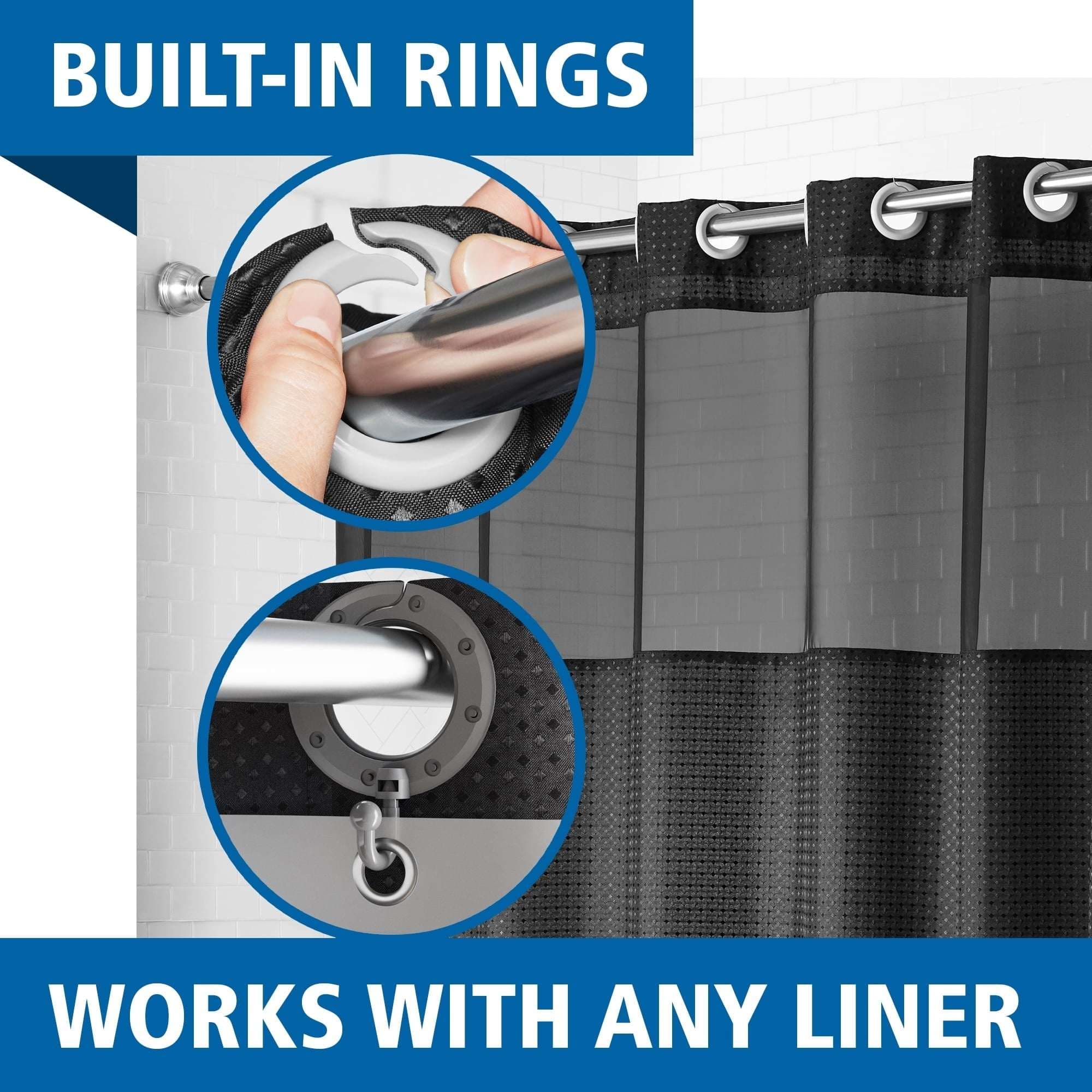 Mainstays Gemma Easy Hang Hookless Fabric Shower Curtain with Built-in Rings, 70" x 74", Black