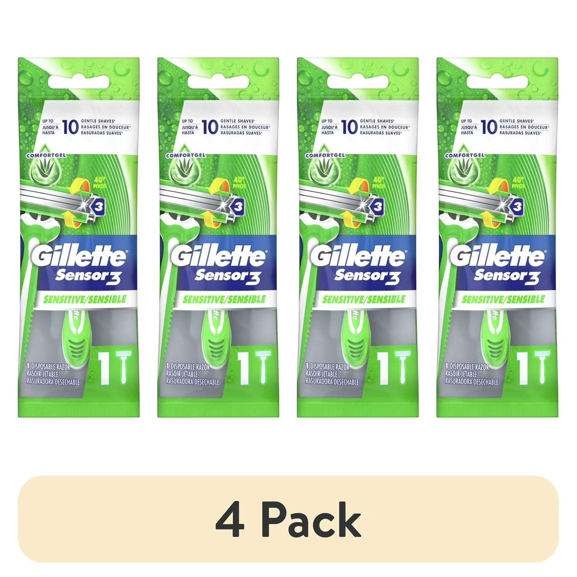 Gillette Sensor3 Sensitive Men's Disposable Razors, 4 Count, Green