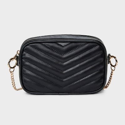 Quilted Camera Crossbody Bag - A New Day Tan: Faux Leather, Chain Strap, Softside Design