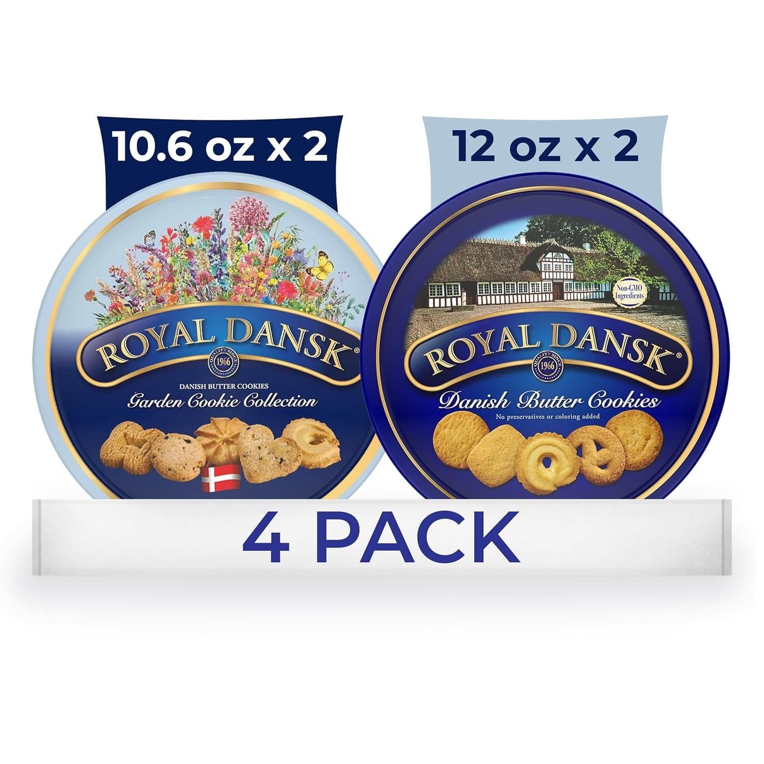 Royal Dansk Garden Cookie Collection and Danish Butter Cookies, 4-Pack, Includes Two 12 oz and Two 10.6 oz Tins