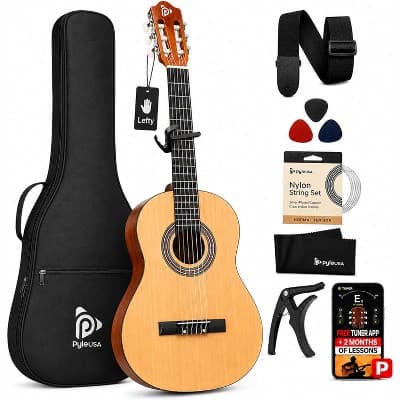 Pyle Left-Handed 30" Beginner Acoustic Guitar Kit, 1/4 Junior Nylon String Guitar with Gig Bag & Accessories, Natural