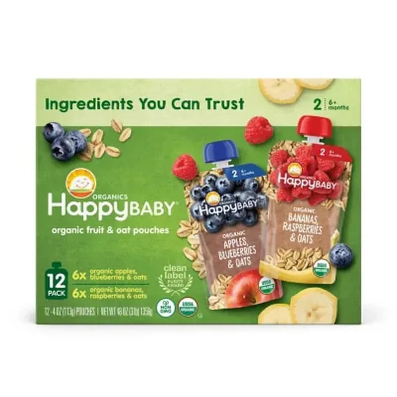 Happy Baby Organics Stage 2 Clearly Crafted Oats & Fruit Pouches Variety Pack, 4 oz, 12 Count