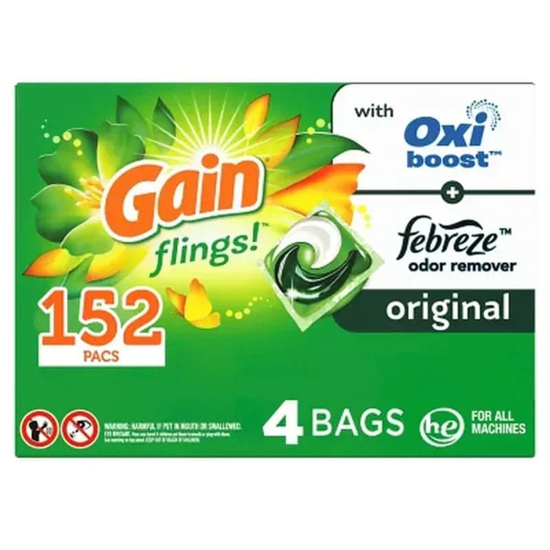 Gain Flings! 3 in 1 Laundry Detergent Pacs, Original Scents, 152 Ct.