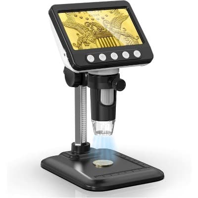 Etokfoks Digital Microscope 1000X, 4.3" LCD Coin Magnifier with 8 LED Lights, 1080P USB Video Camera, PC View for Windows, Adults & Kids