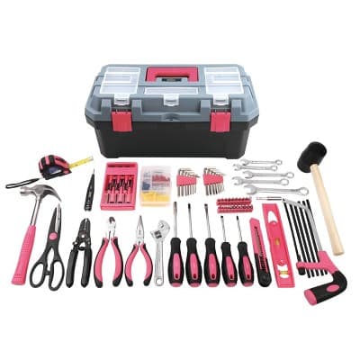 Apollo Tools 170pc Household Tool Kit with Tool Box Pink: Steel Alloy, Non-Powered Hand Tool Set, Dorm Essentials